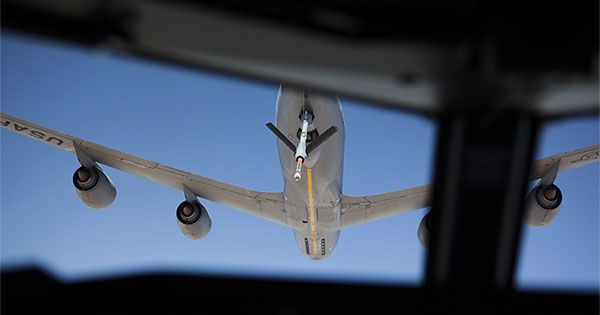 The view from the cockpit of a Royal Australian Air Force E-7A Wedgetail as it prepares to refuel mid-air from a United States Air Force KC-135 Stratotanker during a mission over Iraq.