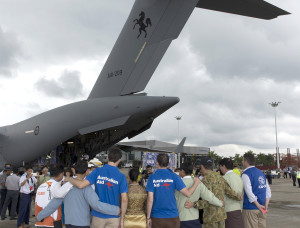 Royal Australian Air Force C-17 Globemaster aircraft carrying humanitarian supplies during Myanmar Assist is greeted by representatives from the Myanmar Government, Australian Aid, World Vision, the International Organization for Migration and the Australian Defence Force at Yangon Airport. Photo by Corporal Bill Solomou