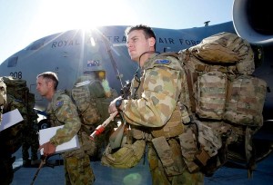 Australian Army Ready Combat Team personnel board a Royal Australian Air Force (RAAF) C-17 Globemaster at RAAF Base Amberley for transport to RAAF Learmonth during Exercise Northern Shield 2015.