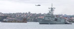 HMAS Newcastle sails past Fort Denison, Sydney Harbour, as she returns to her home port of Fleet Base East after completing a successful rotation of Operation Manitou. Photo by Able Seaman tom Gibson.