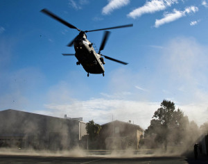 A CH47-D Chinook helicopter lands at the SASR History and Research Centre at Campbell Barracks, WA, where it will be decommissioned as a training aid and static display. ADF photo.