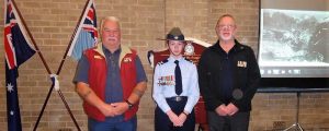 Cadet Corporal Teagan Thomas wears the medals of her great-grandfather Flight Lieutenant Cyril Kroemer DFC during the unveiling, with David Laing, Vice-President of Murray Bridge RSL (left) and Merv Schopp (President). Image contributed by 622SQN