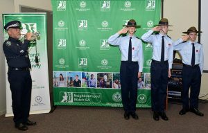 Cadets Ethan O’Connor, Joshua Duncan and Darcy Needle from No 605 (City of Onkaparinga) Squadron salute the Last Post.