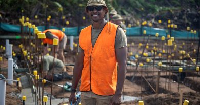 Sapper Jeirome Auda-Muckan is using his carpentry skills to construct a community hall on Erub Island, Torres Strait, as part of the Army Ailan (Aboriginal) Assistance Program. Story by Captain Joanne Leca. Photos by Corporal L Warwick.