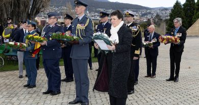 Members of the Australian Defence Force, RAAF Association, guests and representatives from Allied and Axis powers prepare for the wreath laying ceremony at the cenotaph in Hobart. Story by Flying Officer Wendy Pyper. Photos by Corporal Brett Sherriff.