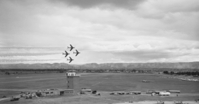 Four CA-27 Sabres from the 75 Squadron 'Black Diamonds' aerobatic team perform a display over RAAF Base Richmond during the Air Force Week airshow in September 1961. Photo from the RAAF Museum.