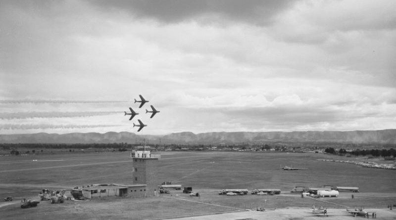 Four CA-27 Sabres from the 75 Squadron 'Black Diamonds' aerobatic team perform a display over RAAF Base Richmond during the Air Force Week airshow in September 1961. Photo from the RAAF Museum.