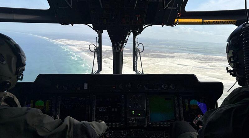 A Royal New Zealand Air Force NH90 helicopter arrives home to New Zealand after flying from Australia. NZDF photo.