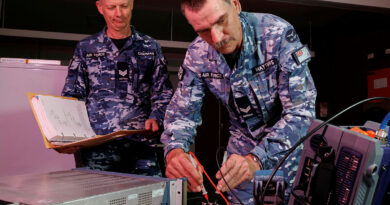 Communication electronic technicians Sergeant Dean Chipman and Corporal Wayne Matthews, from the Surveillance and Control Training Unit, test a radio at 452 Squadron, Darwin. Story by Flight Lieutenant Grace Casey-Maughan. Photos by Leading Aircraftman Ryan Howell.