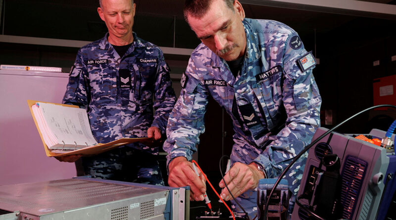 Communication electronic technicians Sergeant Dean Chipman and Corporal Wayne Matthews, from the Surveillance and Control Training Unit, test a radio at 452 Squadron, Darwin. Story by Flight Lieutenant Grace Casey-Maughan. Photos by Leading Aircraftman Ryan Howell.