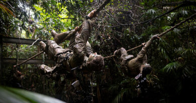 Soldiers from 8/9th Battalion, the Royal Australian Regiment, traverse across a rope obstacle during the annual Duke of Gloucester Cup in Tully. Story by Leading Seaman Nadav Harel. Photo by Lance Corporal Jessica Gray.