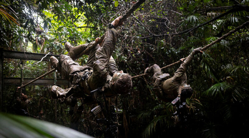 Soldiers from 8/9th Battalion, the Royal Australian Regiment, traverse across a rope obstacle during the annual Duke of Gloucester Cup in Tully. Story by Leading Seaman Nadav Harel. Photo by Lance Corporal Jessica Gray.
