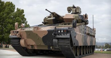 Hanwha Defence Australia Redback infantry fighting vehicle, with R400 remote weapon system by EOS on top, at Russell Offices, Canberra. Photo by Andrew Green.