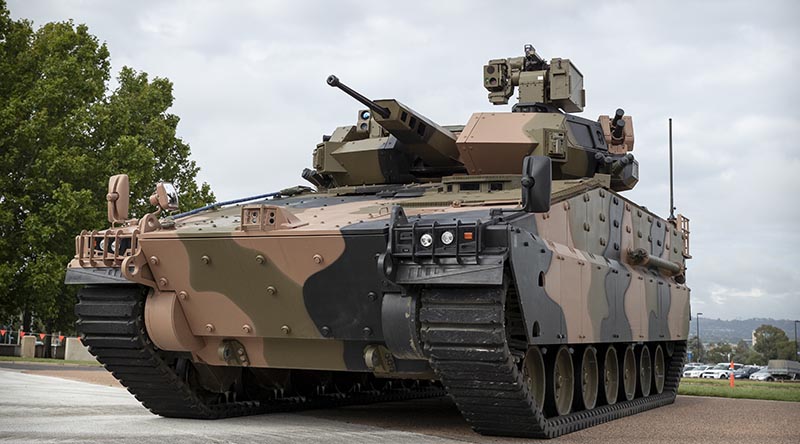 Hanwha Defence Australia Redback infantry fighting vehicle, with R400 remote weapon system by EOS on top, at Russell Offices, Canberra. Photo by Andrew Green.