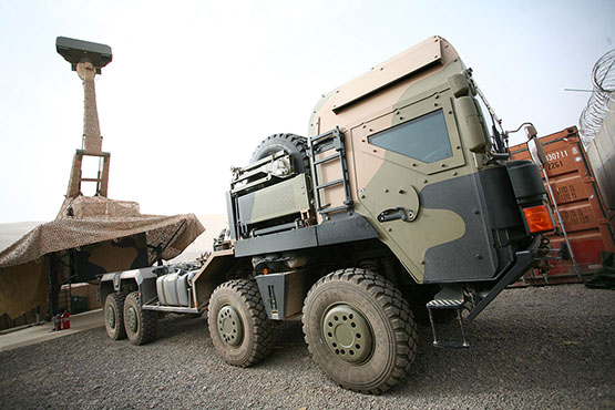 Counter Rocket, Artillery and Mortar System (C‑RAM) Sense and Warn and the MAN truck that carries it, in Tarin Kot, Afghanistan.