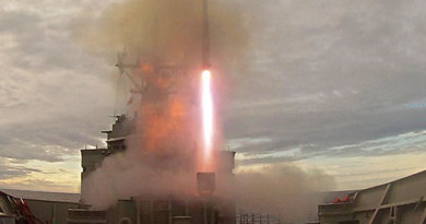 An Evolved Sea Sparrow Missile fires from HMAS Melbourne's MK-41 vertical launcher during training in the East Australian Exercise Area off the New South Wales coast.