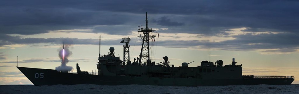 An Evolved Sea Sparrow Missile fires from HMAS Melbourne's MK-41 vertical launcher during training in the East Australian Exercise Area off the New South Wales coast. 