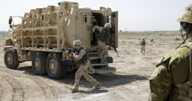 Australian Army trainer observes an Iraqi soldier dismount from their “Mine Resistant Ambush Protected (MRAP)” vehicle during a training exercise at the Taji Military Complex northwest of Baghdad: http://images.defence.gov.au/20150616adf8487947_032.jpg