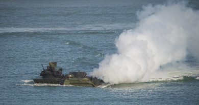 An assault amphibious vehicle, assigned to the 31st Marine Expeditionary Unit, transits toward Gold Beach for an amphibious assault during Talisman Sabre 2015 at Fog Bay, Australia, July 11, 2015. US Navy photo by Mass Communication Specialist 2nd Class Daniel M. Young