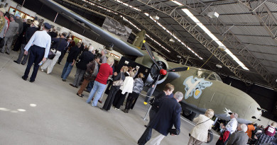 People meander through one of the display hangers during the official opening of the RAAF Amberley Aviation Heritage Centre at RAAF Base Amberley.