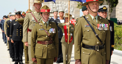 The ANZAC contingent prepare to march at the Çanakkale Martyrs' Memorial on the Gallipoli Peninsula. Photo by Corporal Matthew Bickerton