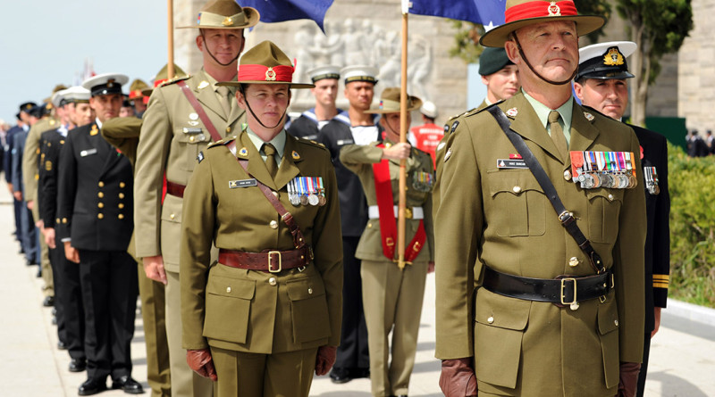 The ANZAC contingent prepare to march at the Çanakkale Martyrs' Memorial on the Gallipoli Peninsula. Photo by Corporal Matthew Bickerton