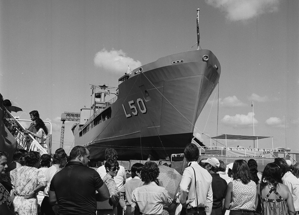 HMAS Tobruk II (L50) on her launch day, 1 March 1980.