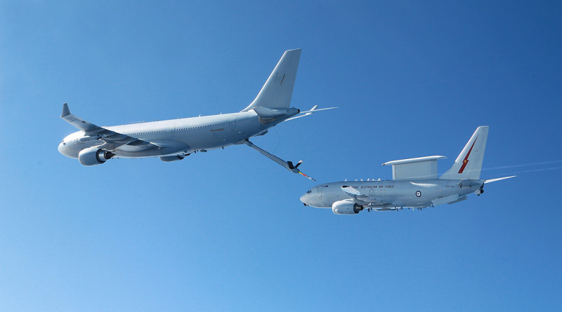 KC-30A MRTT and E-7A Wedgetail conduct Air to Air refuelling testing in the airspace near RAAF Williamtown.