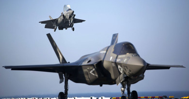 Two F-35B Lightning II Joint Strike Fighters complete vertical landings aboard the USS Wasp (LHD-1). US Marine Corps photo by Lance Corporal Remington Hall