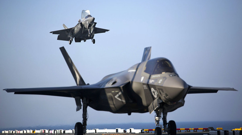 Two F-35B Lightning II Joint Strike Fighters complete vertical landings aboard the USS Wasp (LHD-1). US Marine Corps photo by Lance Corporal Remington Hall