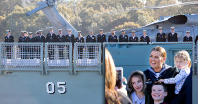 Crew members of HMAS Melbourne stand at attention on the flight deck as they depart Fleet Base East, Sydney - and, inset, Seaman Makinlee Clarke farewells her family. Photos by Able Seaman Kayla Hayes