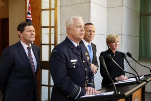 Defence Minister Kevin Andrews, CDF Air Chief Marshal Mark Binskin, Prime Minister Tony Abbott and Foreign Minister Julie Bishop. Photo by David McClenaghan.