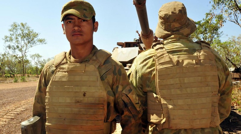 Troopers from the Northern Territory’s 1st Brigade trial the new Tiered Body Armour System (TBAS) in the tropical heat of Mount Bundey Training Area. Photo by Captain Lachlan Simond