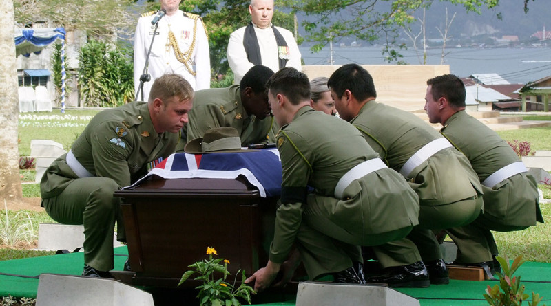 Soldiers from Australia's Federation Guard carry a coffin containing the remains of an unknown Australian soldier to his final resting place at the Commonwealth War Graves Cemetery in Ambon, Indonesia, on 10 September 2015. Photo by Commander Fenn Kemp