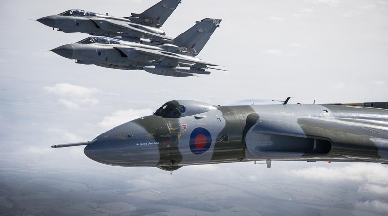 Veteran aircraft of past and present RAF combat missions paid tribute to the heroes of Bomber Command. Two Tornado GR and the Avro Vulcan 'The Spirit of Great Britain' fly over Lincolnshire in order to send off the Vulcan bomber before her retirement. Britain’s only flying Vulcan, which this year completes its final flying season, was the first B2 bomber delivered into RAF service on 1 July 1960 and at 55 years old is the last and oldest of its type anywhere in the world. Despite 24 years service in the RAF the Vulcan was only once used in anger – against Port Stanley in the Falklands in the famous ‘Operation Black Buck’ mission to deny the Argentines use of the airfield.