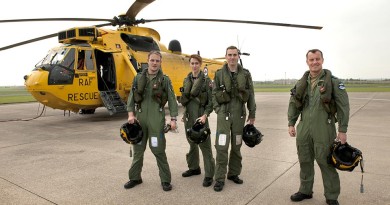 The final RAF crew to hold operational search and rescue standby commitment in the UK: (left to right) Sergeant Doug Bowden, Flight Lieutenant Ayla Holdom, Flight Lieutenant Christian 'Taff' Wilkins and Flight Sergeant Chris Scurr. Image by Corporal Peter Devine,RAF.