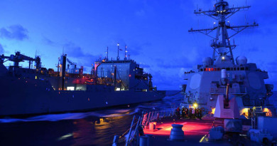 USS Lassen receives fuel from the USNS Amelia Earhart during a replenishment at sea in the South China Sea. US Navy photo.