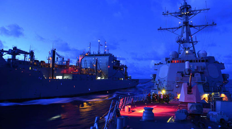 USS Lassen receives fuel from the USNS Amelia Earhart during a replenishment at sea in the South China Sea. US Navy photo.