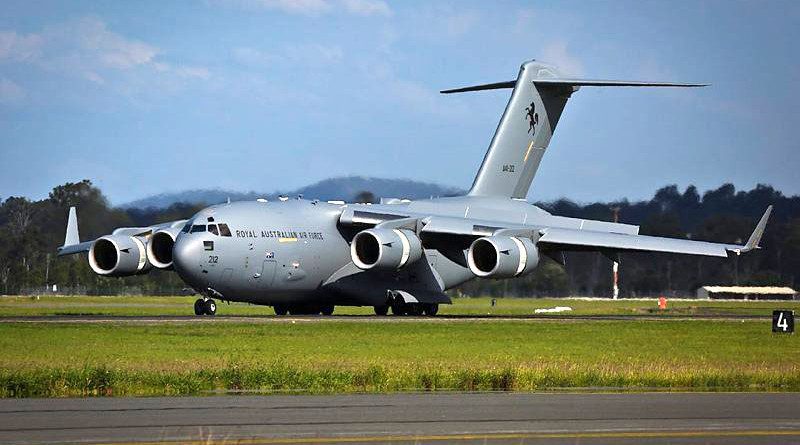 C-17A Globemaster III A41-212 lands at Amberley. Photo by Corporal Shannon McCarthy.