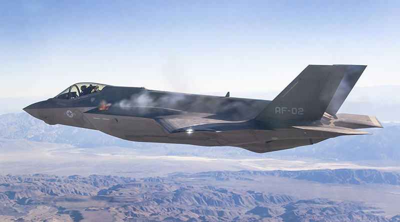 AF-2 First Aerial Gun Fire 10/30/2015. Pilot Maj Charles Trickey, Flt 527 Test 778. Test was conducted over China Lake Weapon Range, California. Photo by Chad Bellay, Edwards F-35 Integrated Test Force