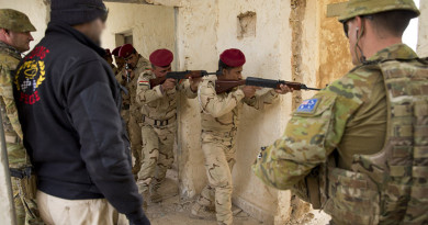 Australian Army trainers observe Iraqi Army soldiers conduct a room clearance drills at the Taji Military Complex, Iraq. Photo by Corporal Matthew Bickerton