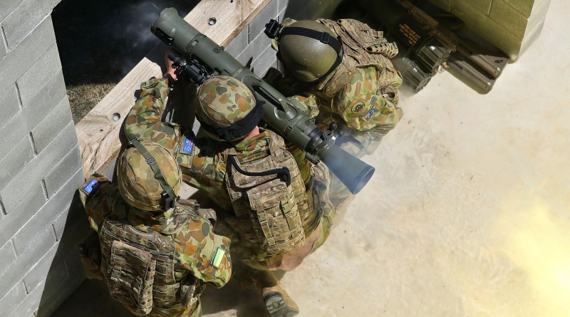 Australian Army soldiers fire an 84mm Carl Gustav recoilless rifle.