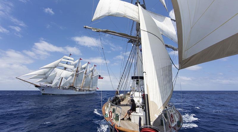 STS Young Endeavour rendezvous with Chilean Navy Sail Training Ship Esmeralda in the Atlantic Ocean, during voyage 7 of the World Voyage. Photo by Leading Seaman Paul McCallum