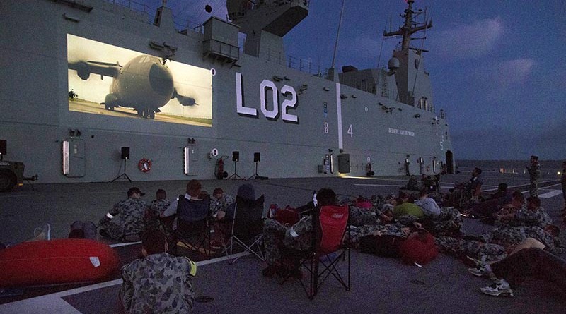 HMAS Canberra's ship's company watch a movie on the flight deck while at anchor in Jervis Bay during Fleet Concentration Period 2015. Photo by Leading Seaman Helen Frank