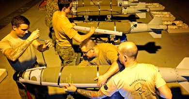 RAAF Aircraft Armament Technicians prepare GBU-54 and GBU-38 bombs for use by the Australian Air Task Group. Photo by Corporal Ben Dempster