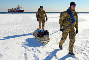 Lance Corporal Ben Roberts (front) and Marine Luke Bright on Antarctic ice. Photo by L(Phot) Nicky Wilson. © Crown copyright 2016