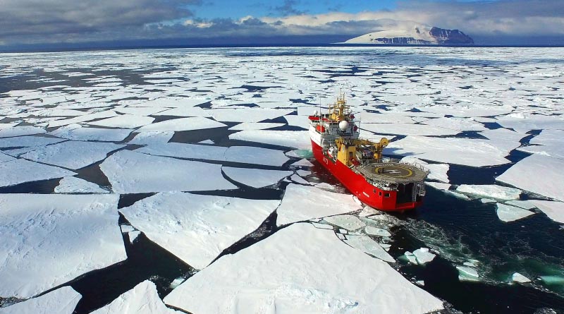 HMS Protector during her ice-breaking transit through the Ross Sea. Quad copter photo by Leading Seaman Sam Brown and Richard Walton. © Crown copyright 2016