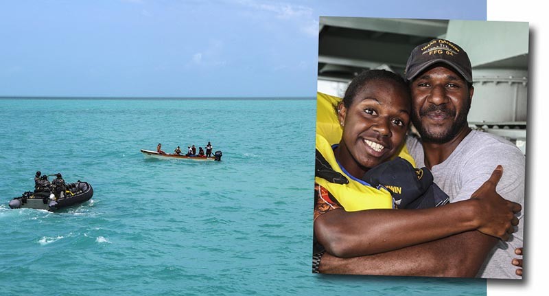 Seaman Edmund Tomsana hugs his sister during an unusual family reunion. Photos by Leading Seaman Sarah Ebsworth