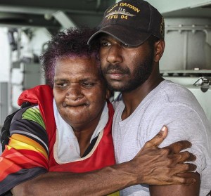 Seaman Edmund Tomsana hugs him Mum.