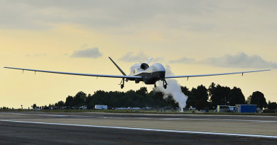 MQ-4C Triton unmanned aircraft system approaches the runway at Naval Air Station Patuxent River, Maryland, after completing its inaugural cross-country flight from California. US Navy photo by Kelly Schindler